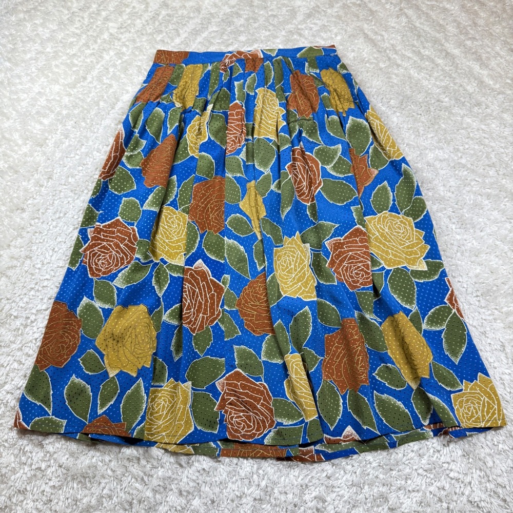 Soo Yung Lee Vintage Silk Skirt 10 Blue Floral Rose Print Pleated Midi VTG Boho